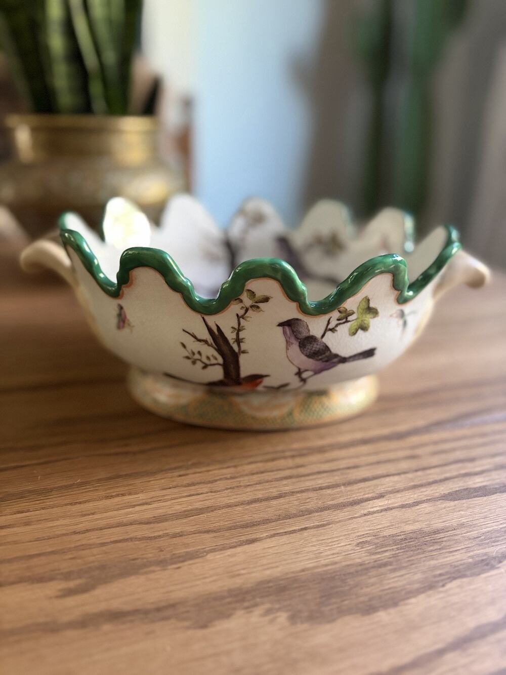 Vintage Porcelain Bread Bowl Chinese Porcelain Bowl Birds Scalloped Edge